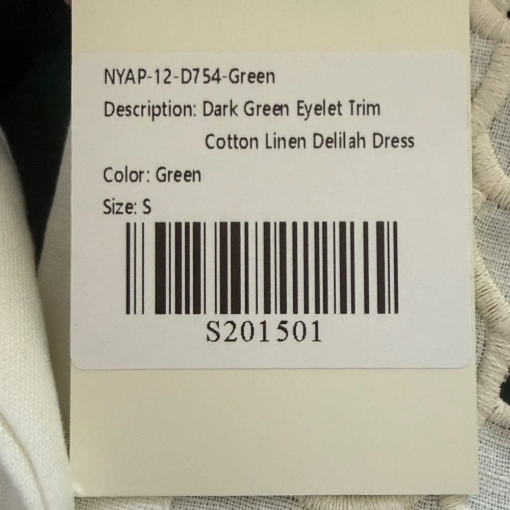 Dark Green Eyelet Trim Cotton Linen Delilah Dress - Picture 7 of 7